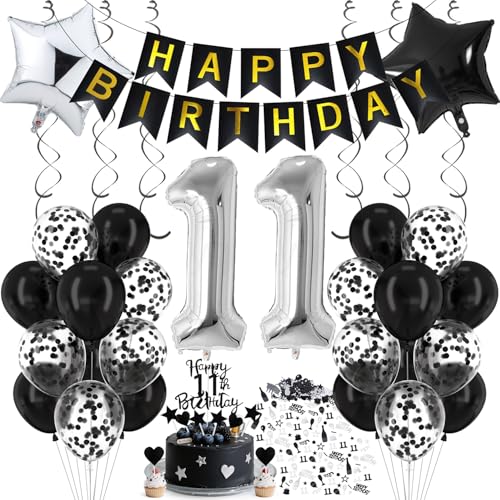 Cadimus Luftballon 11. Geburtstag Schwarz Silber Deko 11. Geburtstag Luftballon 11 Black and White Party Deko Luftballons Schwarz Silber Geburtstagsdeko für 11 Jahre Junge und Mädchen