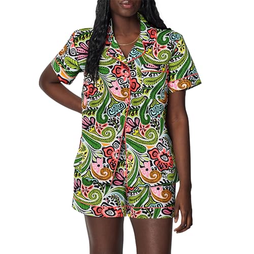 Image of Trina Turk Womens Short Sleeve Notch Collar & Shorts Sleepwear Pajama Set, Organic Cotton