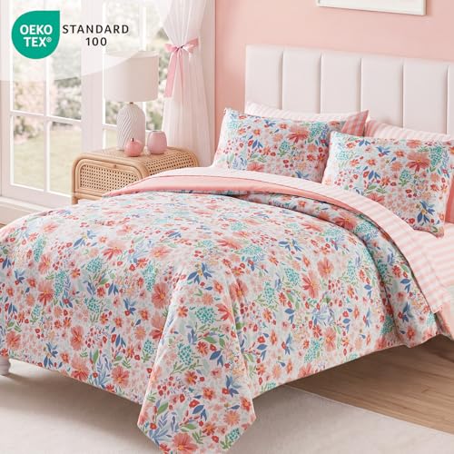 Image of Full Size Comforter Set for Girls Pink Floral Garden 7 Pieces Bed in a Bag