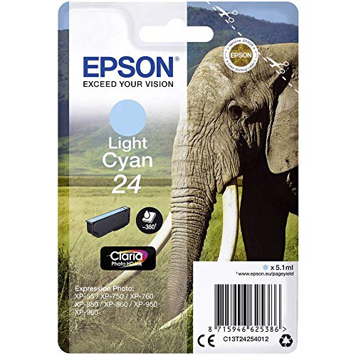 Epson 24 Eléphant Cyan clair, Cartouche d'encre d'origine, XP-55 XP-750 XP-760 XP-850 XP-860 XP-950 XP-960 XP-970