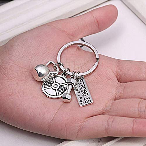 Foto von Schlüsselbund Hantel, Schlüsselanhänger mit Mini Kettlebell Kurzhantel und Hantelscheibe, Langhantel Schlüsselring Fitness Charm Schlüsselanhänger Designer Geschenk Coach Souvenir