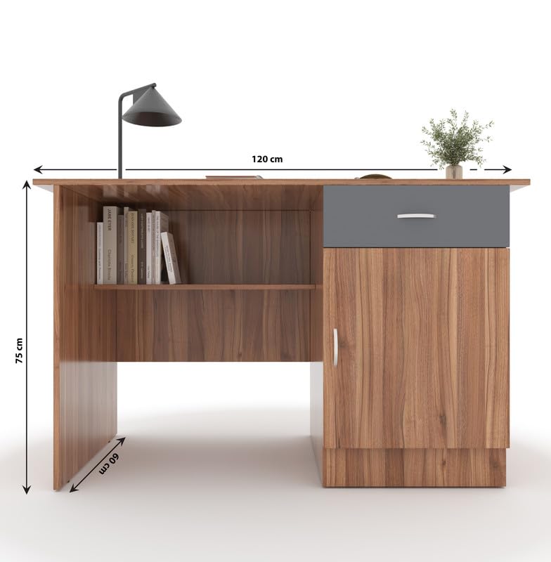 Image of 120x60x75 CM Engineered Wood Study & Office Table | 1 Year Warranty | Compact Table with 1 Open Shelf, Drawer & Cabinet for Work from Home | Easy DIY Assembly- Lyon Walnut & Gothic Grey