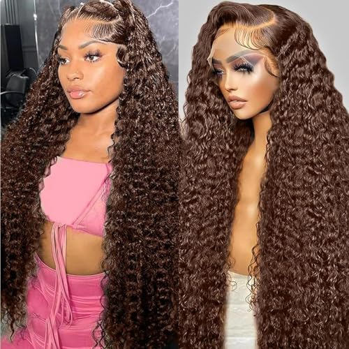 30 Inch Chocolate Brown Deep Wave Lace Front Wigs Human Hair 200 Density 13x6 HD Lace Frontal Wigs Pre Plucked Curly Human Hair Wig 4# Colored Brown Wig Human Hair Wigs for Black Women Glueless