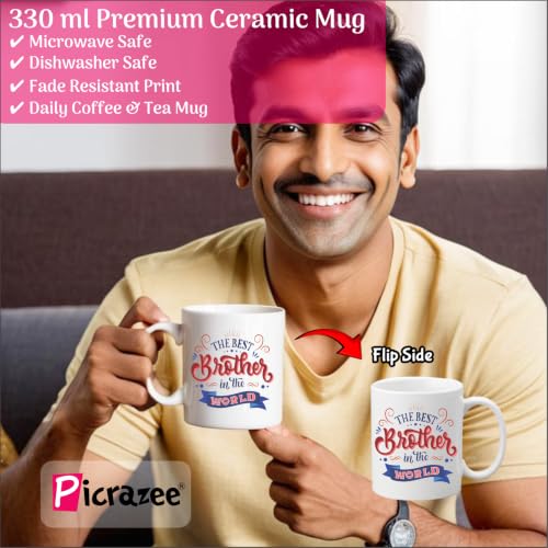Image of PICRAZEE Rakhi Gift Combo for Brother with Cushion, Mug, K-Ring, F-Magnet & Greeting Card