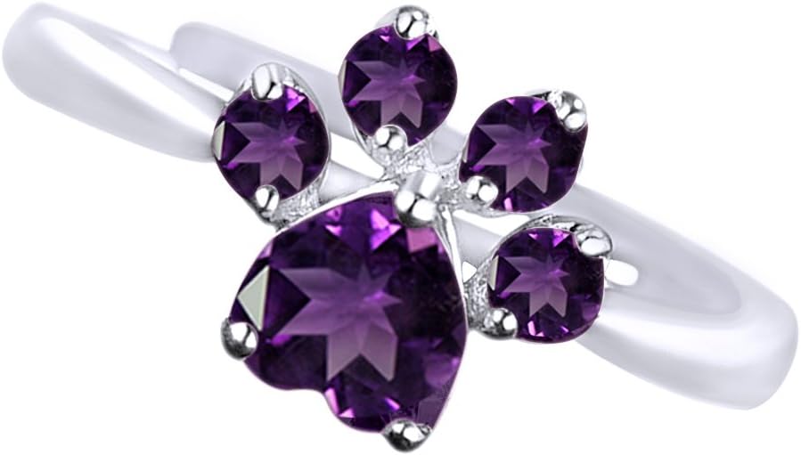 Heart & Round Cut Simulated Birthstone Dog Paw Adjustable Ring in 14K White Gold Over Sterling Silver – Pet Lover Gift Jewelry