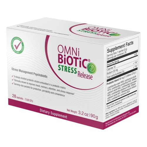 OMNI BIOTIC Stress Release - Clinically Tested Probiotic for Stress Management & Gut-Brain Axis Support - Stress Probiotic and Mood Probiotic - Vegan, Hypoallergenic, Non-GMO (28 Daily Packets)