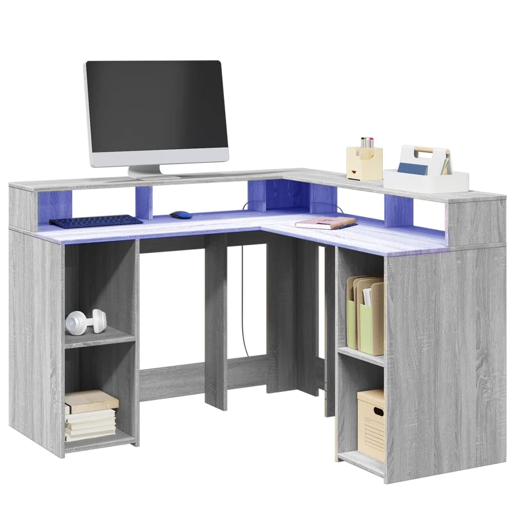 Homgoday Biurko z diodami LED Sonoma szare, 130 x 130 x 91 cm, z płyty wiórowej, meble biurkowe, biurko, biurko komputerowe, biurko, biurko do gier, do pokoju dziecięcego