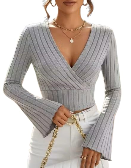 Image of Women Ribbed Knit V-Neck Wrap Top | Long Flare Sleeve Slim Fit Stylish Blouse for Casual