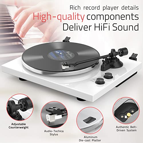 Image of Record Player Turntables with Wireless Output Connectivity Vinyls Players Belt-Drive 33 45 RPM Speed Phono Line USB Digital to PC Recording MM Cartridge AT-3600L Classic New Sleek Piano White
