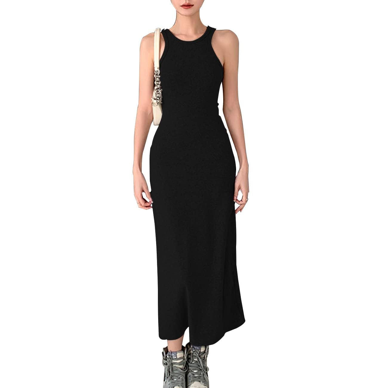 Vestito Senza Maniche Donna Abito Elegante Lungo Aderente Vestiti Eleganti da Cerimonia Cocktail Abito Tubino Slim Fit Casual Estivo Formale Vestito da Sera