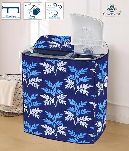 Image of Covernest Semi Automatic Washing Machine Cover, Dustproof, Compatible with 7-8 Kg Washing Machines (WMC-BLUE LEAF SEMI)