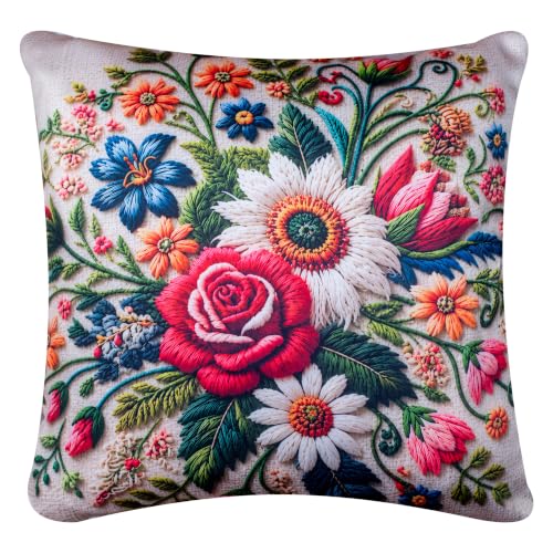 Image of Decorative Satin Sofa Cushion Covers Set of 5, 18 Inch x 18 Inch, Multicolor Botanical Sofa Pillow Covers, Embroidery-Effect HD Digital Print, Zipper Closure (Rosella, 18X18 Inches)