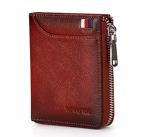 VANNANBA Mens Genuine Leather Zipper Wallet RFID Blocking Bifold Zip Around Wallets Multi Credit Card Holder with Coin Pocket & Bill Compartment(Brown)