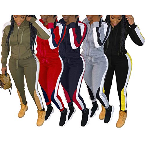 Remxi Two Piece Outfits For Women - Striped Patchwork Long Sleeve Zip Hoodie + Skinny Jogging Pants Sweatsuit Sets Green Xxxl #TOP5