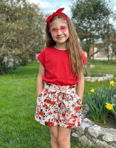 Image of Arshiner Girls 2 Piece Outfit Summer Drop Shoulder Batwing Sleeve Tops and Paperbag Waist Shorts Set Cute Clothing Size 6-14