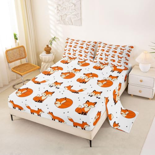 Feelyou Fox Bedding Set Cute Animal Pattern Bed Sheet Set for Kids Boys Girls Woodland Fitted Sheet Full Size Includes 1 Flat Sheet 1 Sheets & 2 Pillowcases