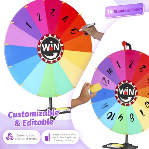 60 cm Glücksrad zum Drehen, 14 Farben personalisierte Anpassung, 3,5kg Metallständer Verstellbar von 85 - 160 cm, Drehendes Preisrad Bunt Fortune Wheel für Lotteriespiele Wortspiele Partys Karneval