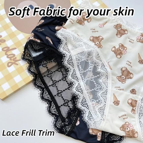 Cute Bear-printed Panties for Teen Girls Age 14-18,Lace Frilly Trim Underwear,Mid Rise Waist,Cotton Crotch,2 Pack3
