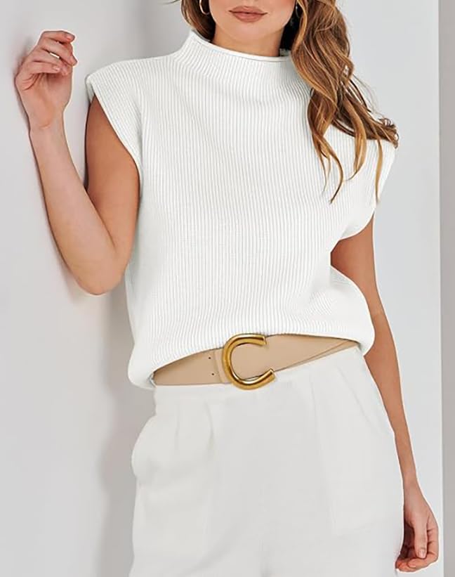 Image of Womens Sleeveless Sweater Vest Mock Neck Tank Tops Casual Cap Sleeve Knit Pullover Summer Clothes