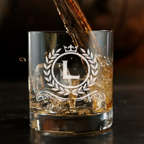 DADDY FACTORY 11oz Engraved Monogram Whisky Glass, Old Fashioned Rocks Glass Gift, A–Z Letter Initial | L