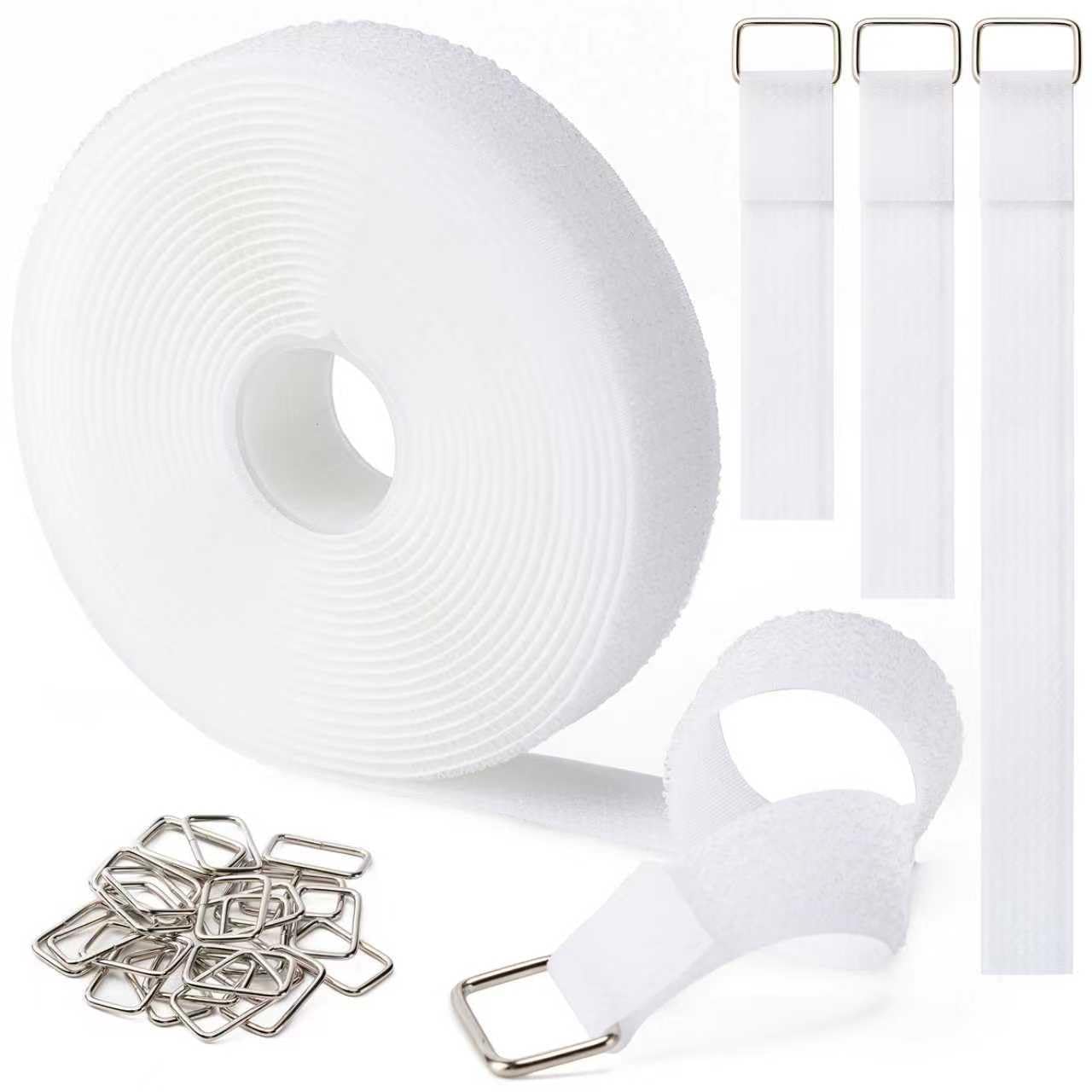 Photo 1 of 1" x16Ft Hook and Loop Straps with 25 Metal Buckles, Adjustable Fastening Cable Straps, Free Cut Length, Reusable Nylon Cable Ties for Organizer or Storage, White