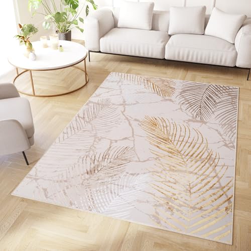TAPISO Crystal Teppich Kurzflor Glänzend Gold Weiß Creme Palmenblätter Feder 3D Effekt Wohnzimmer...