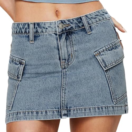 Women Cargo Denim Mini Skirt Y2K Low Waist Button Down A Line Bodycon Going Out Skirt Vintage Streetwear with Pockets
