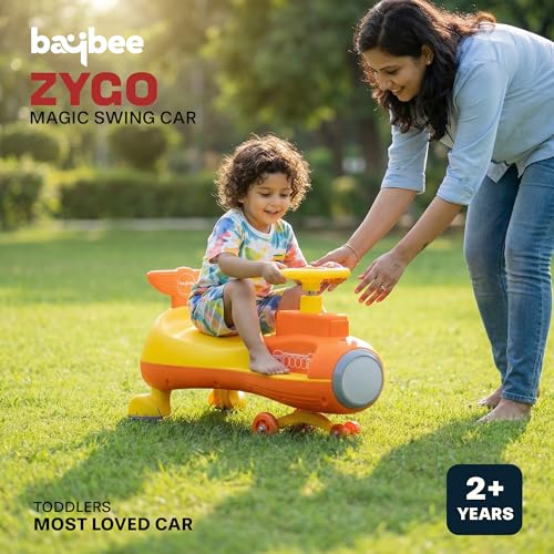 Image of Baybee Zygo Swing Car for Kids | Twister Push Ride on Baby Car with RGB Light & Music | Magic Car for Kid with 360 Steering & Backrest | Kids Car for 2-5 Years Boy Girl (Yellow)