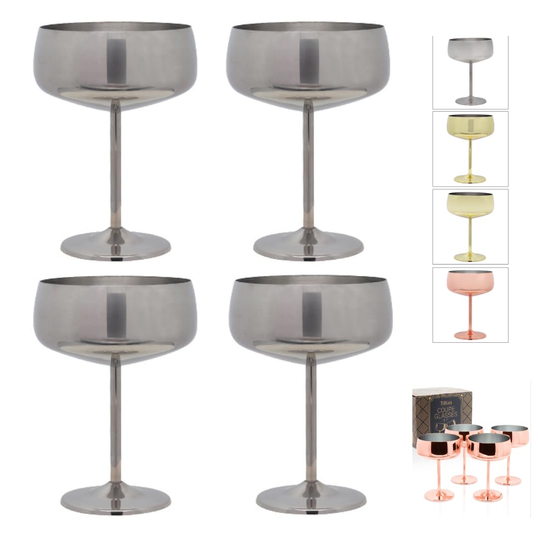 TMNovo Cocktail Coupe Glasses | Martini Glasses Set of 4 | Champagne Cocktail Glasses | Moscow Mule Mugs Cups 15 Oz | Steel Copper Cups | Espresso Martini Manhattan Bar | House Gift |(Mirrored Silver)