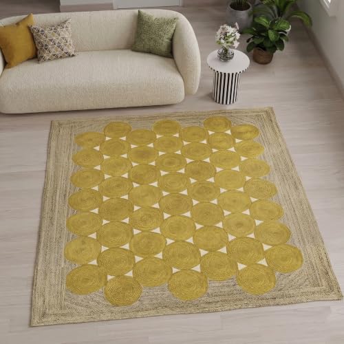 Tapis carré en jute tressé main 12x12 cm avec bordure jaune géométrique rustique - 6
