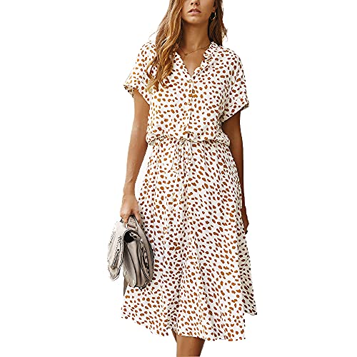 BROVAVE Vestido midi de manga corta con estampado de lunares para mujer - blanco - Large