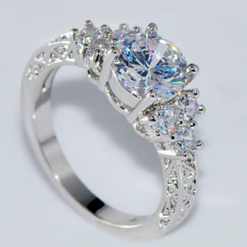 Vintage Three-Stone Engagement Ring for Women, Round CZ with Filigree Band, Silver-Tone Romantic Anniversary Jewelry4