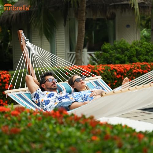 Image of Lazy Daze Hammocks 12 FT Sunbrella Fabric Quilted Hammock Double Sunbrella Quilted Hammock with Spreader Bars & Pillow, All Weather and Fade Resistant for Outdoor, 450 lbs Capacity, Token Surfside