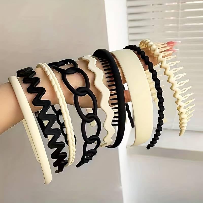 9pcs Plastic Teeth Hairband Teeth Comb Headbands Matte Hair Bands Non Slip Solid Color Hair Accessories (BLACK AND WHITE)-image-28