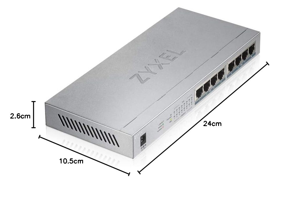 Zyxel Conmutador Gigabit de 8 Puertos | No Administrado | 8X PoE+ 60W | Divisor de Red LAN | Ethernet Network Splitter [GS1008HP] | 8x Puertos PoE+ con 60W de Presupuesto, Sin Ventilador, Indicadores LED, Kit de Montaje en Pared Incluido