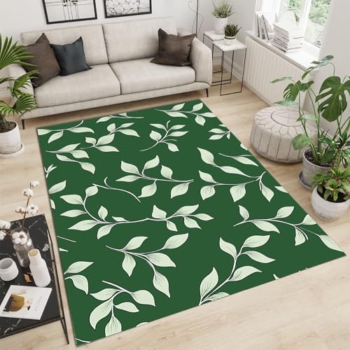 Tapis grand format 150x210 motif feuilles blanches lavable antidérapant