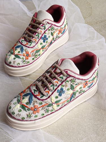 Image of Vendoz Women Hand Embroidery Wedding Party Bridal Floral High Heel Sneakers I Cushioned Insole I Comfortable Wear Wedge Shoes I for Ladies and Girls
