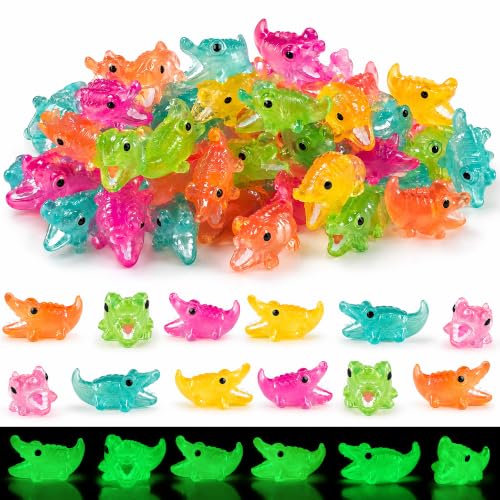 EVDERS 28PCS Luminous Miniature Crocodiles Figurines Mini Resin Crocodile Glow in The Dark Mini Animals Cute Tiny Alligator Figure Bulk for Fairy Garden Miniatures Moss Landscape Desktop Decorations