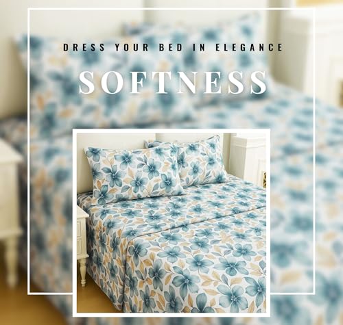 Image of VAS COLLECTIONS Cloud Cotton Double Bedsheet 180 TC | Soft & Breathable Cotton Bedding Set with 2 Pillow Covers | Elegant Floral Printed Bed Sheet for Bedroom & Home | 90x90 Inches (Aqua Petal)