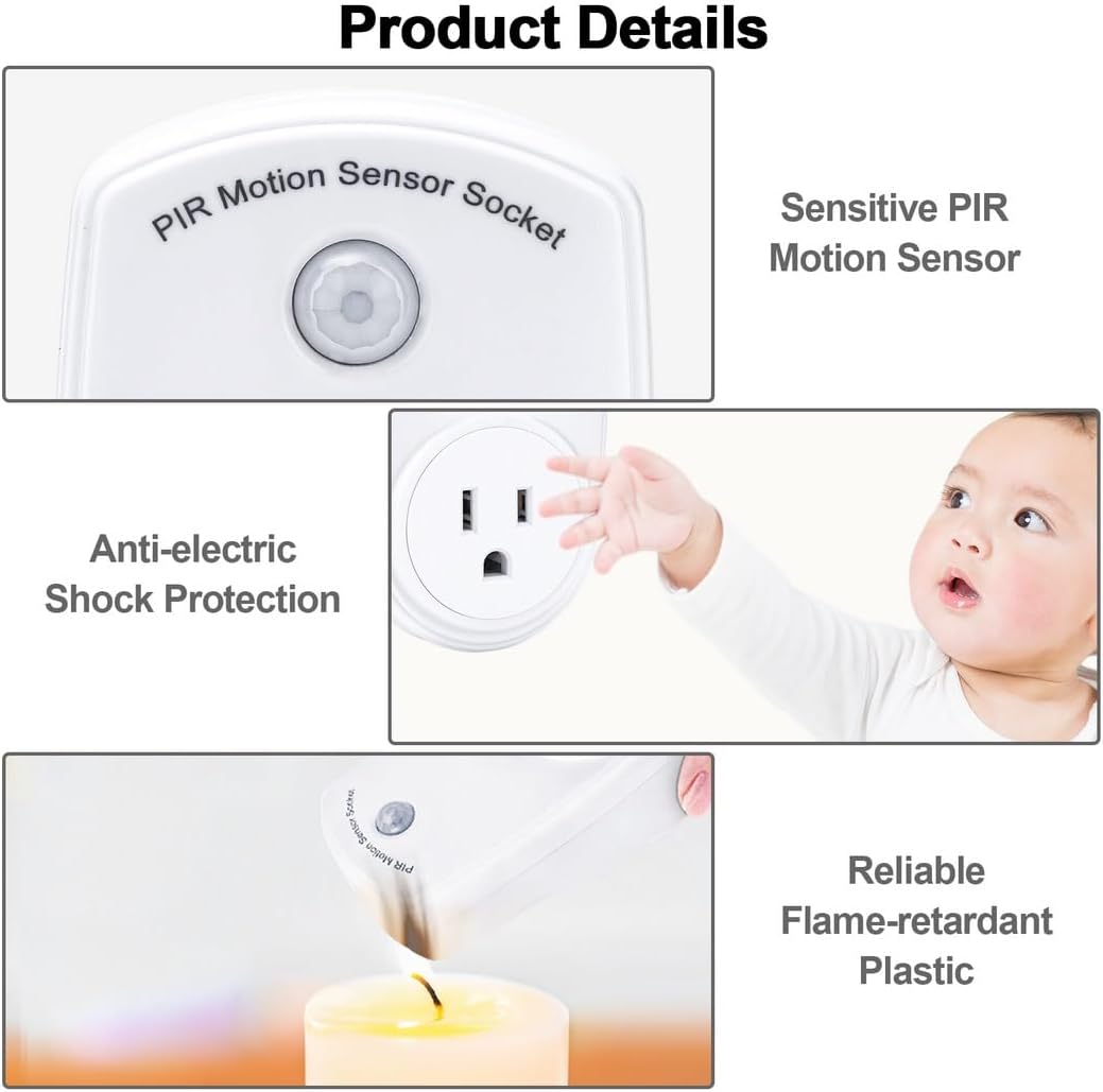 4 Pcs Electrical Outlet Plug Switch for Rooms, Corridors, Garages, Pir Motion Sensor Light Plug in Outlet, Indoor Light Control Smart Socket, 120° Wide Angle and 19.7 Ft Range, Motion Sensor Outlets