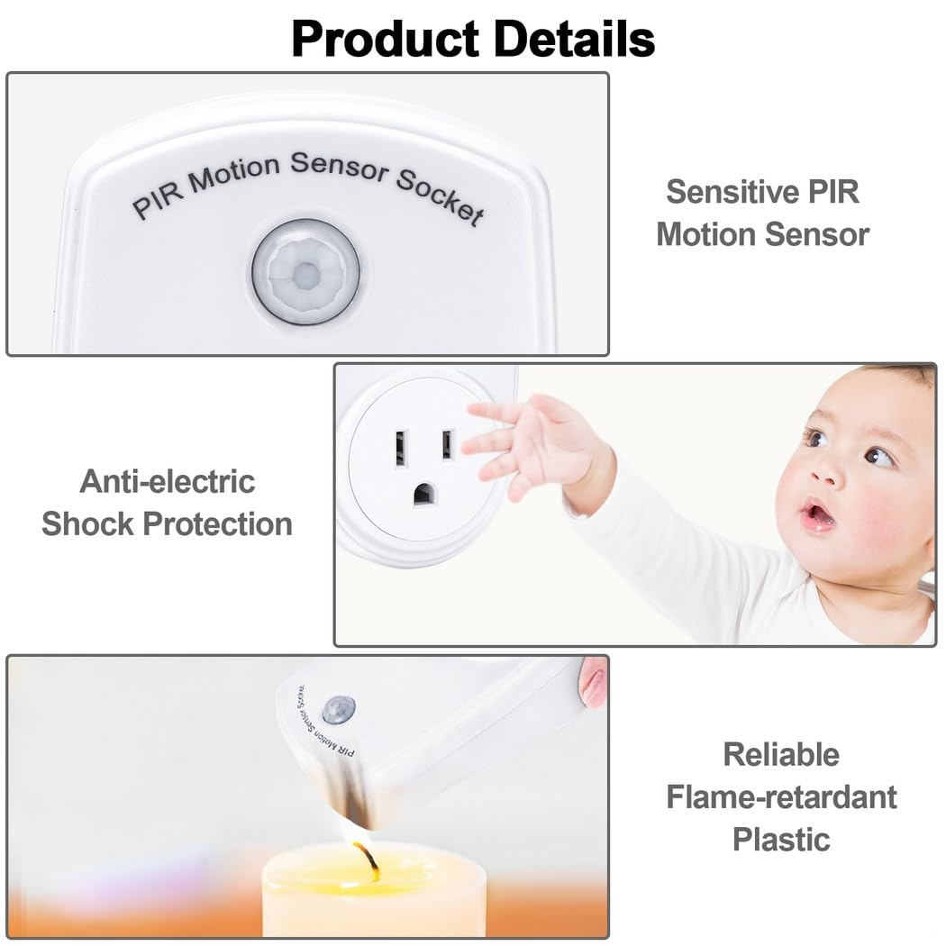 4 Pcs Electrical Outlet Plug Switch for Rooms Corridors Garages Pir Motion Sensor Light Plug in Outlet Indoor — view 5