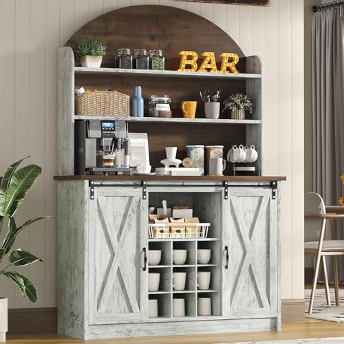 4 EVER WINNER 67' Tall Farmhouse Coffee Bar Cabinet, 47' Wide Coffee Hutch with Sliding Barn Door, 9 Wine Racks & Adjustable Shelves, Kitchen Cabinet for Dining Room, Grey