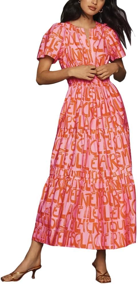 DSAoTeng Vestido largo de verano de manga corta con volantes para mujer, vestido largo de verano vintage con estampado floral y cuello en V, estampado retro casual con volantes para playa, boda,
