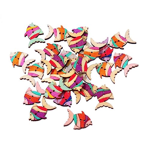 SEWOART 50pcs Fish Shape Wooden Buttons for DIY Crafting Sewing and Wedding Decorations Random Colors