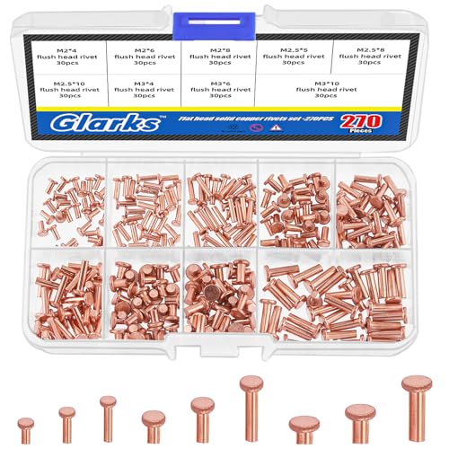 Glarks Lot de 270 rivets solides à tête plate M2 M2,5 M3, 9 tailles en métal et cuivre massif pour applications électriques, fournitures de travail du cuir
