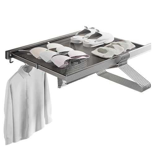 壁掛けハンガー 折りたたみ 44*37.5CM 6フックアルミとメッシュ壁掛けハンガーラックタオルラック?衣架 伸縮式折りたたみ物干しラック 折? 伸縮バスタオルハンガー 壁タオルラック 組み立て不要 ラクラク干せる 梅雨対策