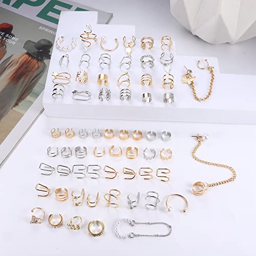 Finrezio 64Pcs Ear Cuff Earrings For Women, Non Piercing Clip On Wrap Cartilage Earrings Helix Ear Cartilage Ear Cuffs, Ear Clip Fake Earrings Adjustable #TOP4