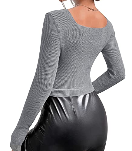 Missactiver Women's Sexy Square Neck Crop Knitted Sweater Casual Solid Long Sleeve Slim Fitted Pullover Sweater Top Going Out Grey #TOP2