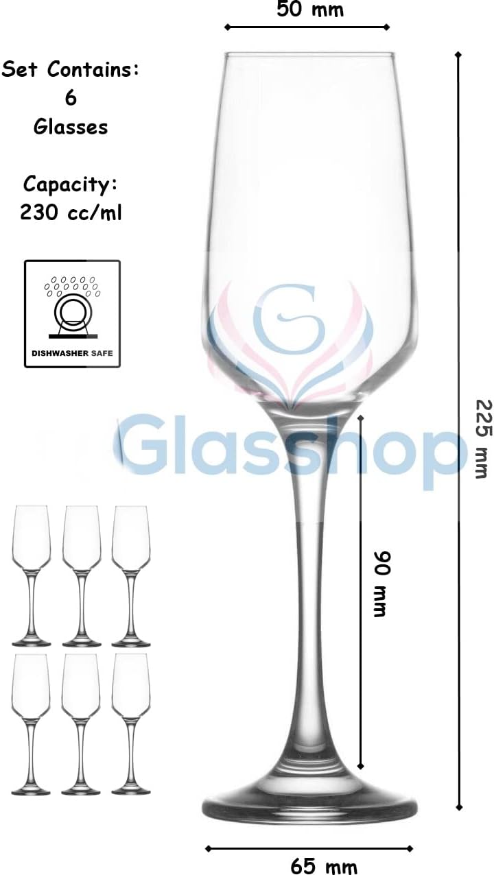 Champagne Flutes. Long Steam Prosecco Sparkling Glasses. (Set of 6