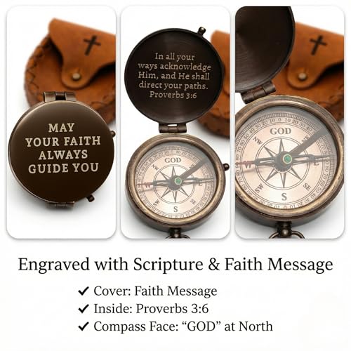 Baptism Gifts for Boys – Confirmation & First Communion Compass Gift – Catholic Christian Brass Pocket Compass with Scripture – Religious Keepsake for Christening – Gift for Godson, Son, or Grandson